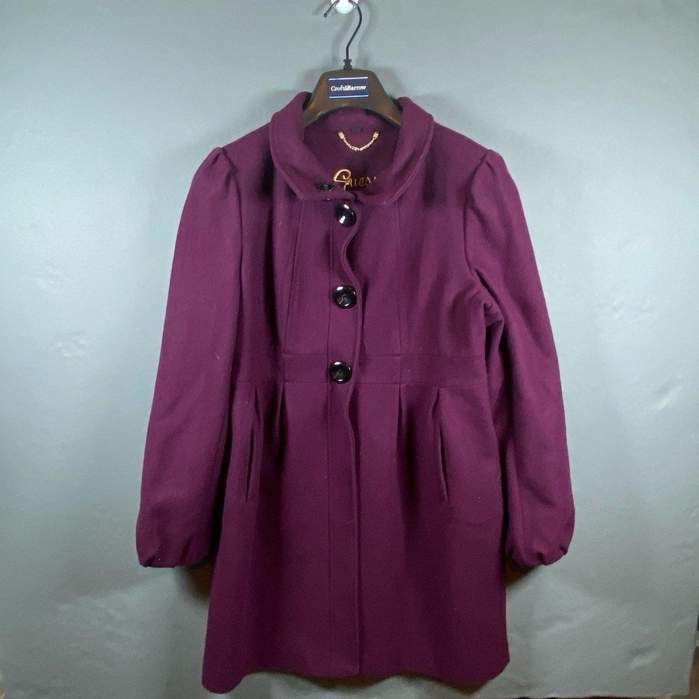 Guess Red Wool Blend‎ Coat Women's Long Sleeve Button Up Large Peacoat Jacke